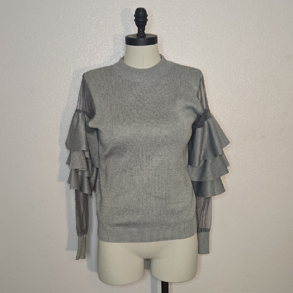Beulah Sweaters - Gray Ruffle Sleeve Sweater